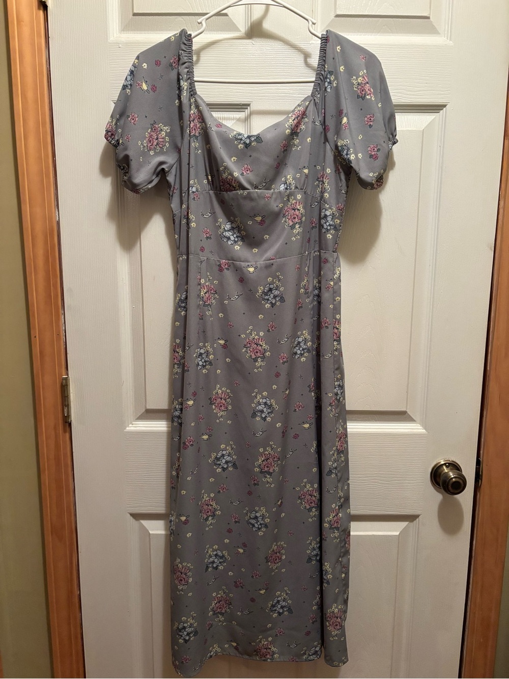 Disney Gray Floral Midi Dress with Puff Sleeves